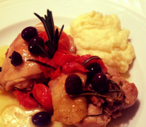 “pollo alla cacciatora” chicken with mash potatoes made with butter, cherry tomatoes, chicken, extra virgin olive  oil, garlic, milk, nutmeg, olives, Parmesan cheese, potatoes, rosemary, sea salt, white wine, wine vinaigrette