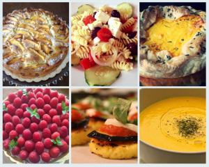 a six dish collage of raspberry tarts and pumpkin butternut squash soup with desserts like apple fritter and greek pasta salad from FromScratch in Ridgewood new jersey